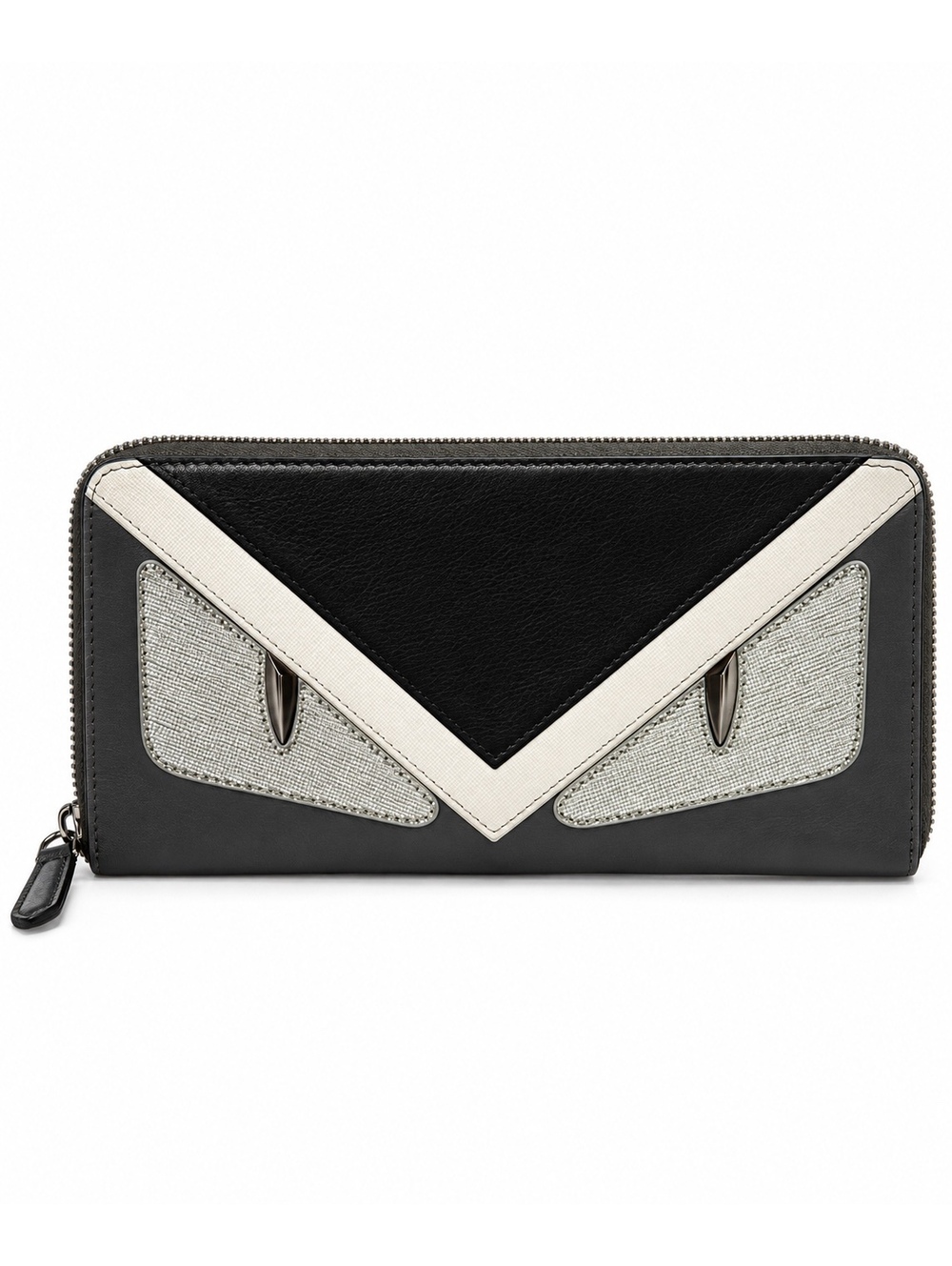 Fendi Monster Eyes Bag Bugs Leather Zip Around Continental Wallet Black Silver